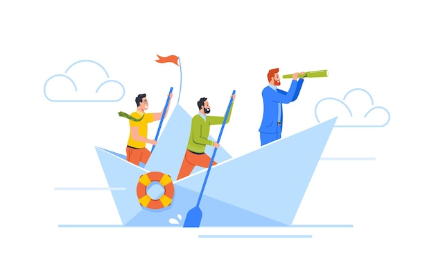 Vector businessmen team floating on paper ship rowing with paddles and looking into spyglass characters sailing on boat