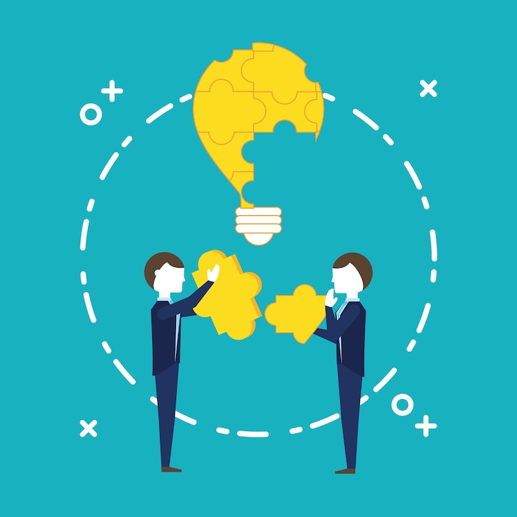 Vector businessmen with puzzle pieces of bulb over blue background, colorful design. vector illustration
