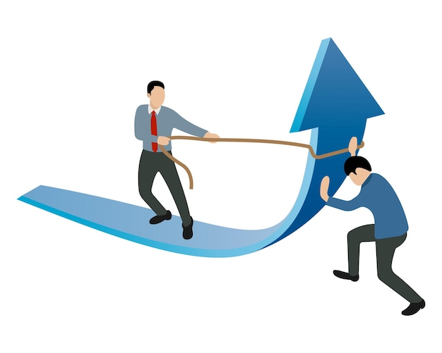 Businessmen working together concept of teamwork trying business growth arrow upside vector