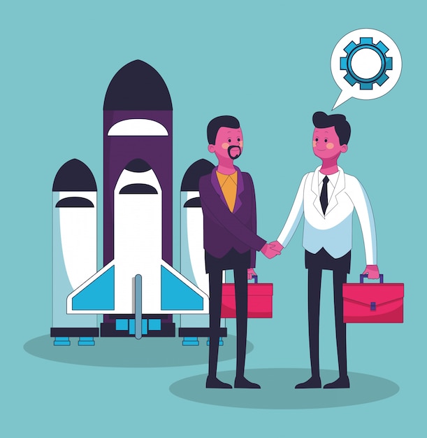 Businessmens dealing spaceship and talking about work vector illustration graphic design