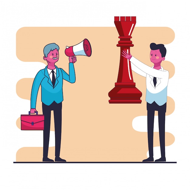 Businessmens with chess piece and bullhorn vector illustration graphic design