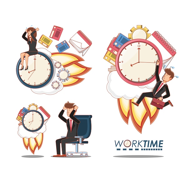 Vector businesspeople avatars with work time elements