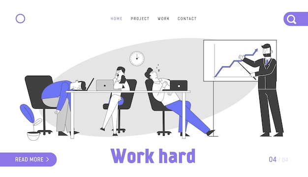 会議のプレゼンテーションのウェブサイトのランディングページで退屈なビジネスマン