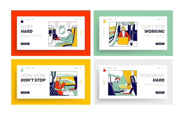 Businesspeople characters driving to business trip on different transport landing page template set. people riding at work on bus, airplane and luxury car, transportation. linear vector illustration