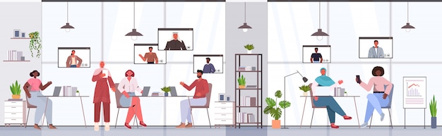 Vector businesspeople chatting with mix race colleagues during video call busines people having online conference meeting communication concept office interior horizontal full length illustration