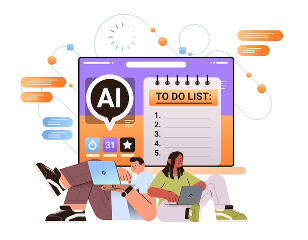 Vector businesspeople completing to-do list in computer app with ai multitasking helper bot personal assistant support for manager task distribution concept horizontal vector illustration