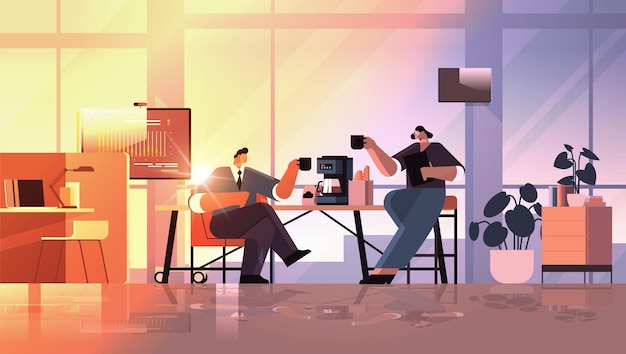 Vector businesspeople couple drinking coffee during meeting in office coffee break concept horizontal