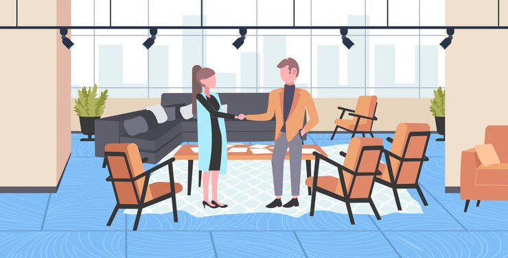 Vector businesspeople couple shaking hands business man woman handshake agreement partnership concept creative cabinet modern office interior  horizontal full length