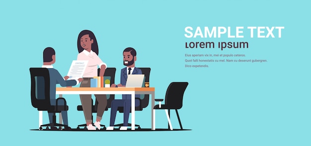 businesspeople discussing contract during business development meeting   colleagues working with co-investment document negotiation concept  horizontal copy space full length