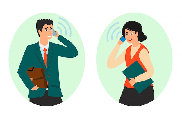 businesspeople have a conversation with phone  illustration. business conversation on phone. dialogue of partners. woman man solve issues. call center, phone administrator or secretary