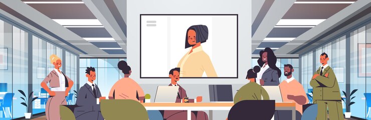 Vector businesspeople having online conference mix race business people discussing with businesswoman during video call office meeting room interior    illustration