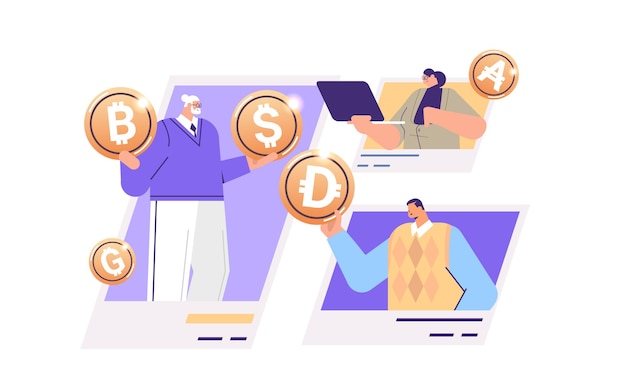 Businesspeople holding golden crypto coins cryptocurrency mining virtual money digital currency blockchain technology concept portrait horizontal vector illustration