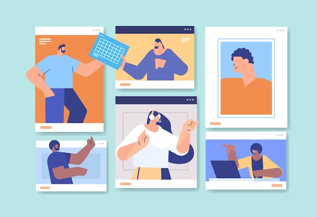 ベクトル 仮想会議オンラインコミュニケーションチームワークを使用してビデオ通話中にビジネスマンチームについて話し合うwebブラウザウィンドウのビジネスマン