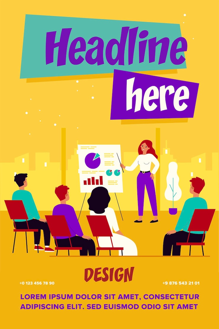 Vector businesspeople learning finance lecture with coach or speaker illustration
