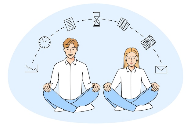 Businesspeople in lotus position at workplace