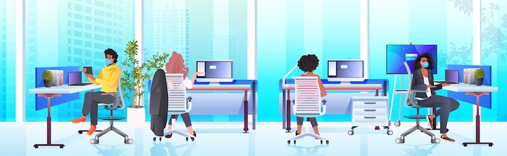 Vector businesspeople in masks working and talking together in coworking center coronavirus pandemic teamwork concept modern office interior horizontal full length 