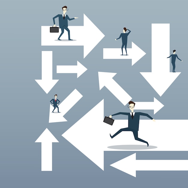businesspeople running arrows