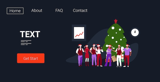 Vector businesspeople in santa hats celebrating corporate party colleagues drinking champagne standing near fir tree merry christmas happy new year winter holidays landing page