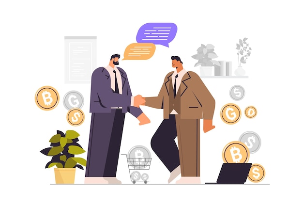 Vector businesspeople shaking hands business partners discussing during meeting handshake partnership teamwork concept horizontal full length vector illustration