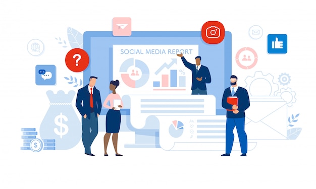 businesspeople and social media report presenting