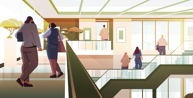 Бизнесмены, стоящие спиной к камере вид сзади группы деловых людей в офисном здании герои мультфильмов полная длина горизонтальная векторная иллюстрация