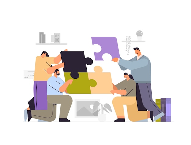 businesspeople team putting parts of puzzle together problem solution teamwork concept horizontal full length vector illustration