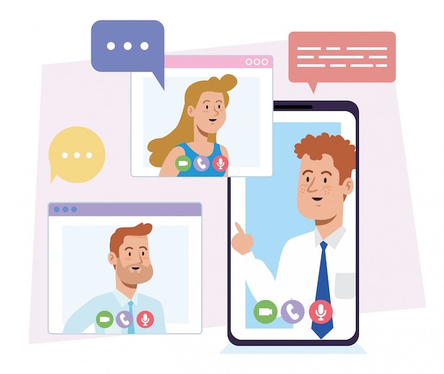 Vettore riunione del lavoro di squadra delle persone di affari nella conferenza di video chat