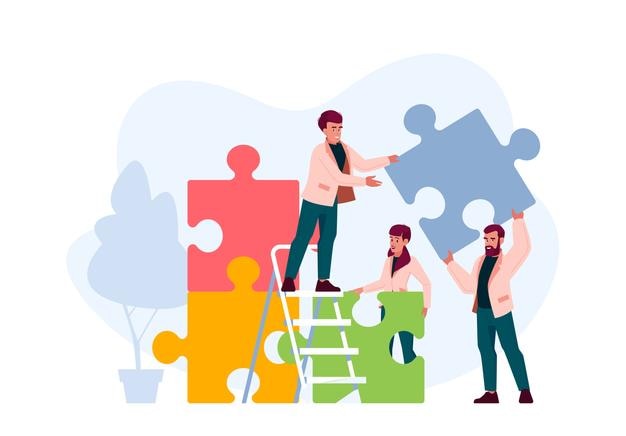 Vector businesspeople teamwork office people group stand on ladder together set up huge colorful separated puzzle pieces