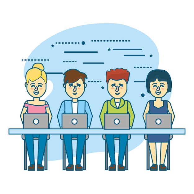 Vector businesspeople teamwork with laptop and hairstyle design