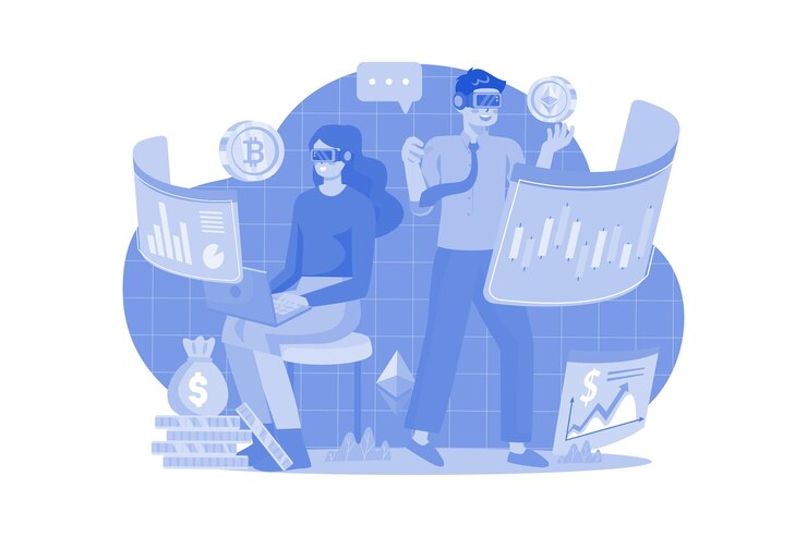 Vector businesspeople trading cryptocurrency in the metaverse