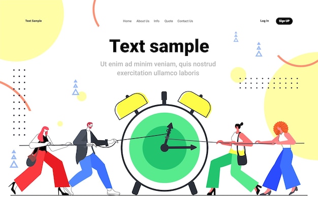 Бизнесмены пытаются остановить стрелку на будильнике эффективное управление бизнес-временем крайний срок конкуренции концепция горизонтальная копия пространство векторная иллюстрация