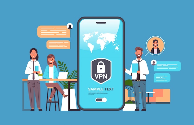 Бизнесмены, использующие виртуальную частную сеть vpn для коммуникации