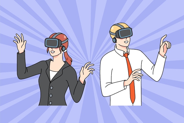 VR 안경을 쓴 사업가들이 주변을 탐색합니다.