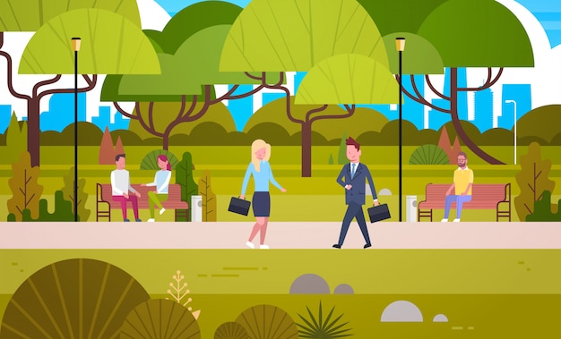 Vector businesspeople walking in urban park over people relaxing in nature sitting on bench and communicating