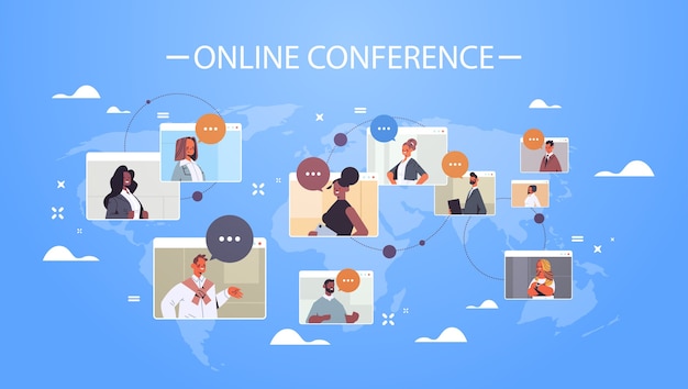 Vector businesspeople in web browser windows discussing during corporate online international conference mix race working by group video call world map background    illustration