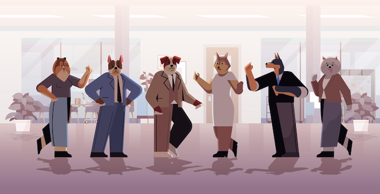 Vector businesspeople with dog heads working in office different animals in formal wear discussing during meeting modern cabinet interior horizontal vector illustration
