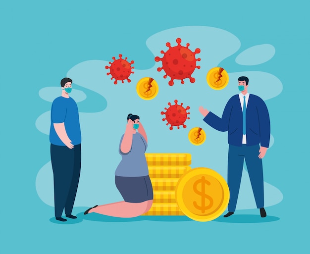 Businesspeople with masks and broken coins of bankruptcy  