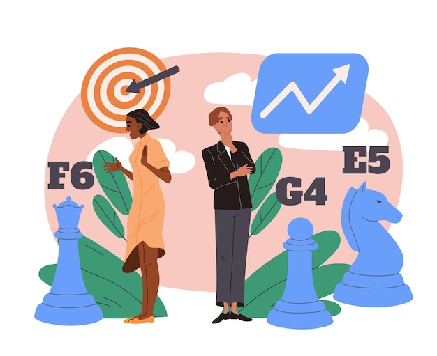 Businesspeople with strategy man and woman with chess pieces games for logic and intelligence