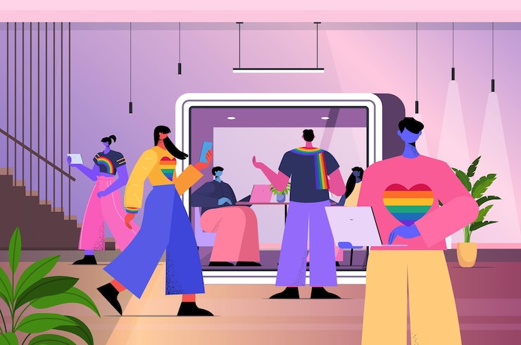 Vector businesspeople working together in office lgbt rainbow flags gay lesbian transgender love concept horizontal full length vector illustration