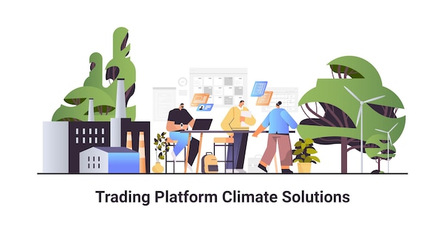 Uomini d'affari che lavorano al trading pltform soluzioni climatiche concetto di credito di carbonio responsabilità dell'illustrazione vettoriale orizzontale della strategia ambientale di emissione di co2