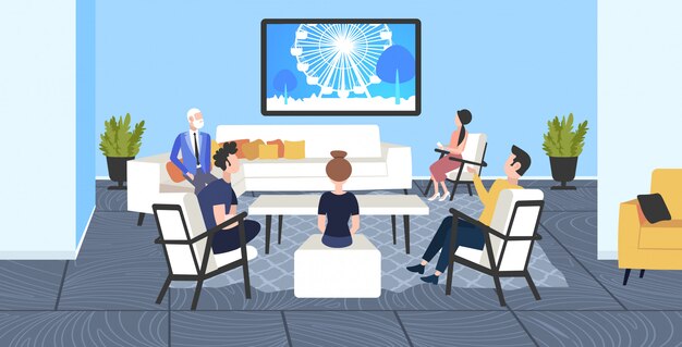 Vector businesspeoplesitting on chairs and sofa watching famous landmarks tv travel show concept ferris wheel silhouette on television modern office interior  full length horizontal
