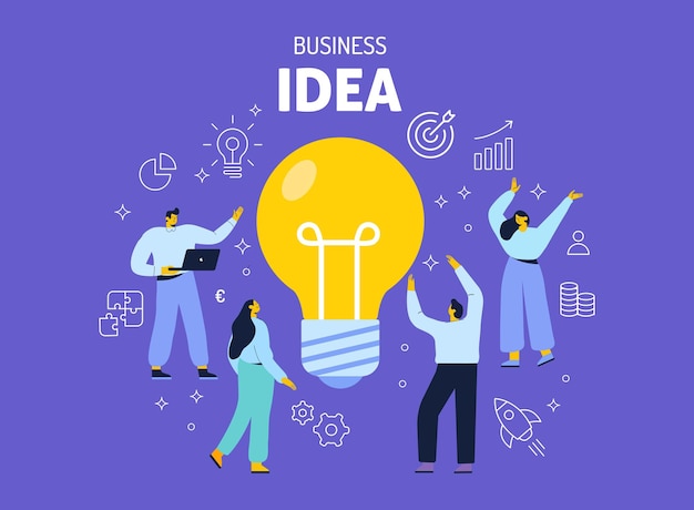 Vector businesss people characters develop creative business idea big light bulb as metaphor idea