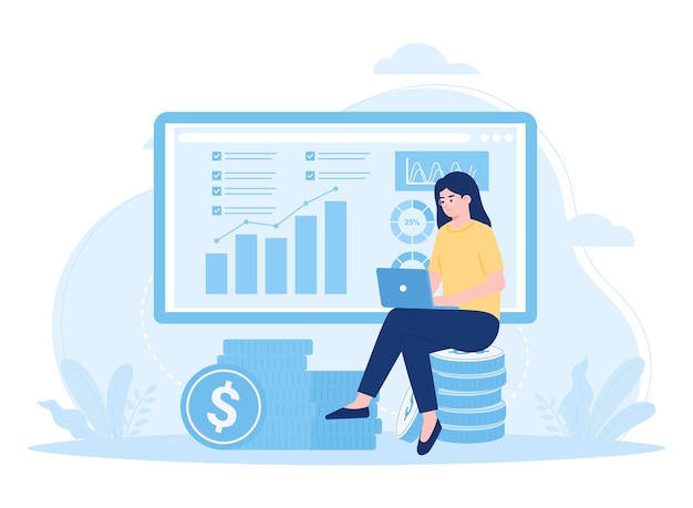 businesswoman analyzes stock growth rate trending concept flat illustration