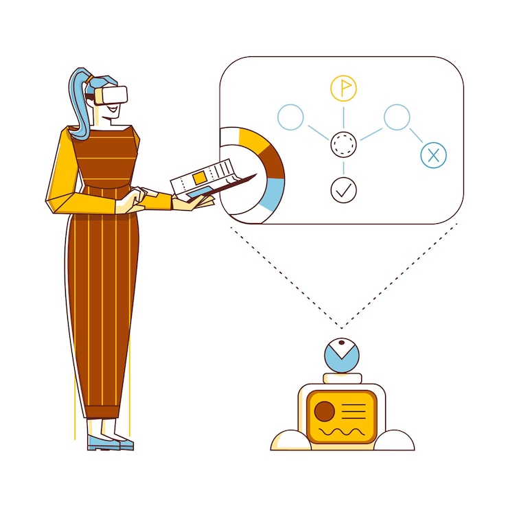 Vector businesswoman analyzes strategy in vr