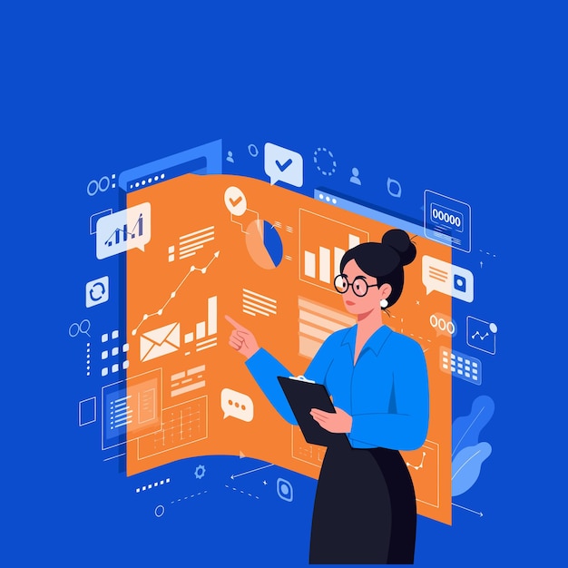 businesswoman analyzing data charts graphs on screen