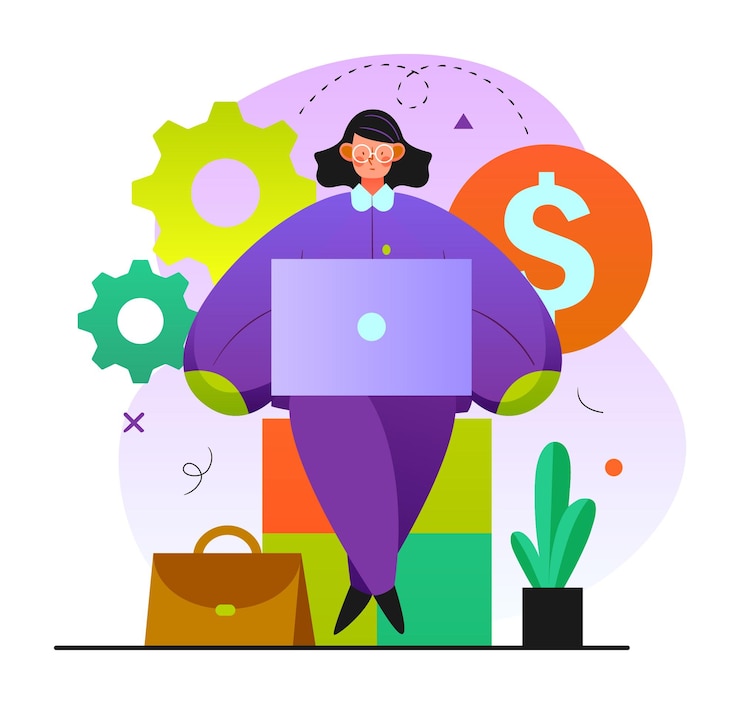 Vector businesswoman analyzing financial data on laptop