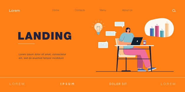 ノートパソコンでソーシャルメディアの統計を分析する実業家。コンテンツをオンラインで投稿するクリエイティブな女性フラットベクトルイラスト。テクノロジー、データ分析、バナーまたはランディングWebページのマーケティングコンセプト