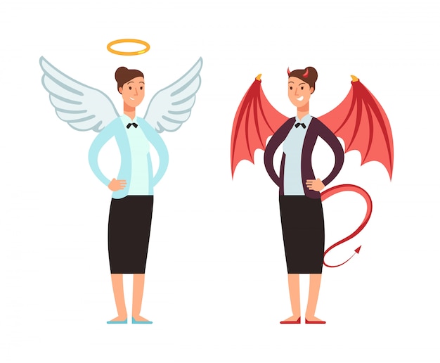 Vector businesswoman in angel and devil suit. good and bad woman vector cartoon character