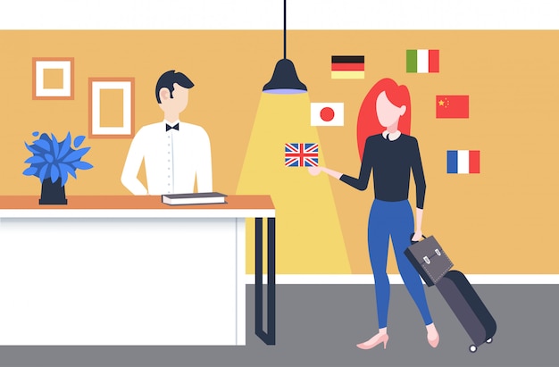 Vector businesswoman arrive to hotel reception girl using mobile app dictionary or translator discussing with receptionist people connection concept different languages flags  full length horizontal