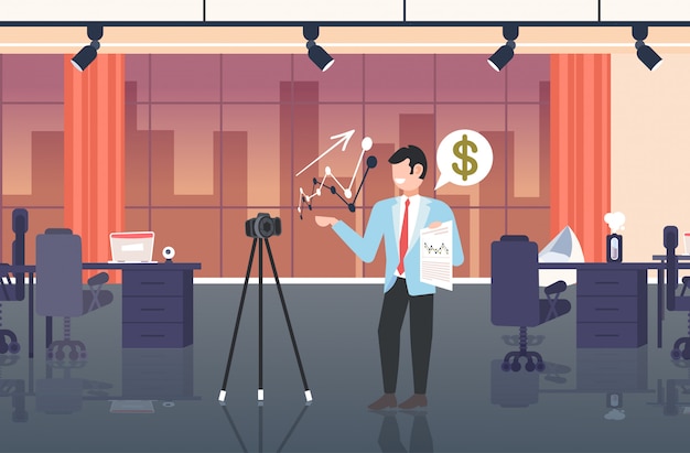 Вектор Бизнес-блоггер объяснение графики финансовый график бизнес человек запись онлайн видео с камерой на штатив презентация концепция блога современный офис горизонтальный полная длина горизонтальный